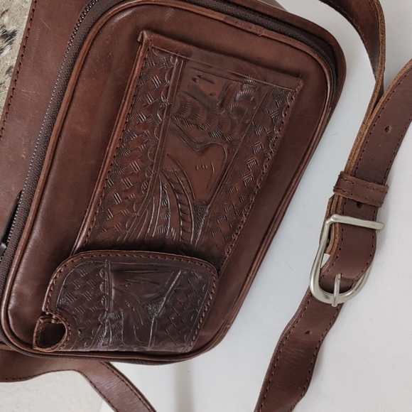 Leaders In Leather Vntg Tooled Leather Pony Hair Flap Messenger Crossbody Bag - Picture 13 of 16